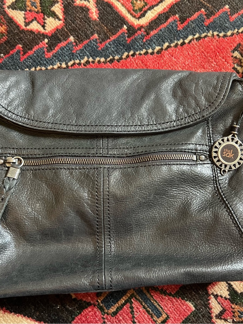 The Sak Black Leather Flap Crossbody Bag Boho Medallion Purse